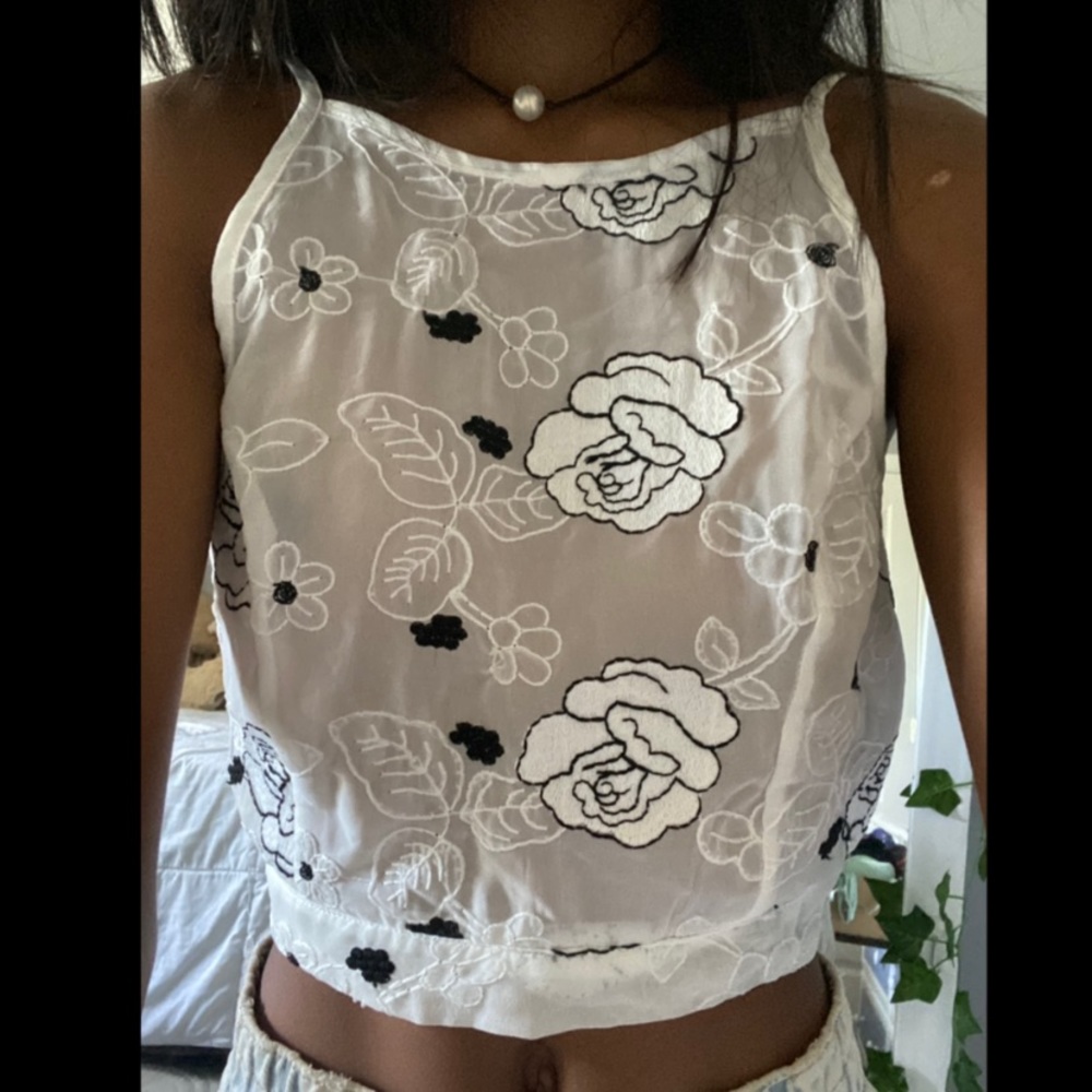 black and white mesh like floral top